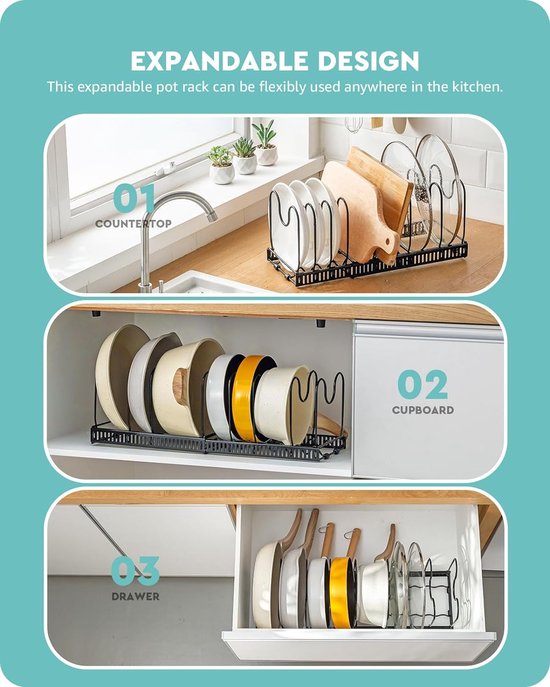 Support de rangement extensible pour casseroles, 10 compartiments